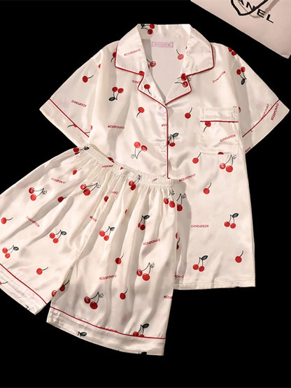 Cherry Print Silk Pajamas