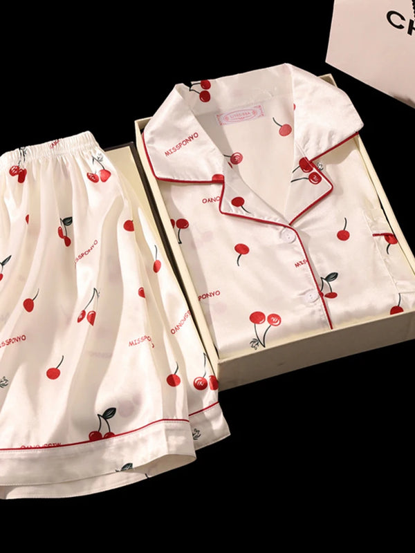 Cherry Print Silk Pajamas